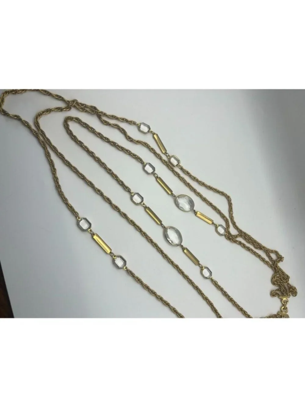 Vintage Gold Tone Rope Chain Necklace Crystal Rhinestone Station Layered